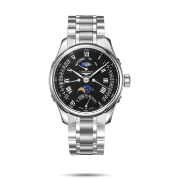 Longines Master Collection 44 Retrograde Moonphase Stainless Steel / Black-Roman / Bracelet