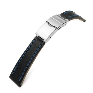20mm Black Griffon One-Piece Handcrafted Italian Leather Watch Band, Blue Stitch - 10mm