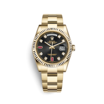 Rolex Day-Date 36 Yellow Gold Fluted / Oyster / Black Diamonds Rubies