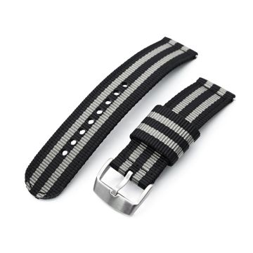 2-pcs Nylon Watch Band, Quick Release, Black & Grey Stripes, Brushed Buckle - 6mm