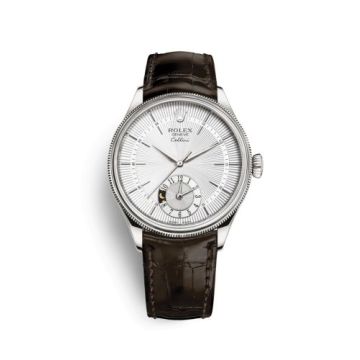 Rolex Cellini Dual Time White Gold / Silver / Alligator Brown