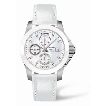 Longines Conquest Chronograph White Ceramic Leather