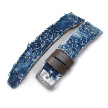 Heavy Distressed Blue Denim Rivet Watch Strap 21mm 22mm - 22mm