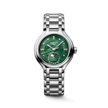 Longines PrimaLuna 34 Automatic Moonphase Stainless Steel / Green MOP