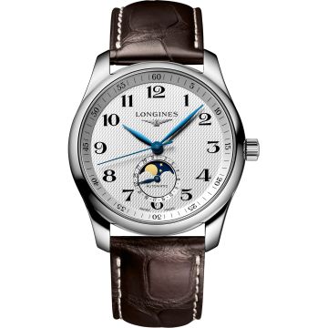 Longines Master Collection 40 Moonphase Stainless Steel / Silver-Arabic / Alligator