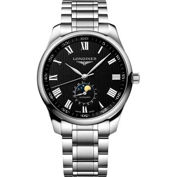 Longines Master Collection 42 Moonphase Stainless Steel / Black-Roman / Bracelet