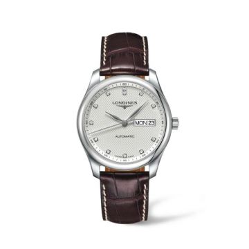 Longines Master Collection 38.5 Day Date Stainless Steel / Silver-Diamond / Alligator
