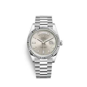 Rolex Day-Date 40 Platinum - Fluted / Silver - Baguette