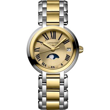 Longines PrimaLuna 30.5 Quartz Moonphase Stainless Stee - Yellow Gold / Gilt - Roman / Bracelet