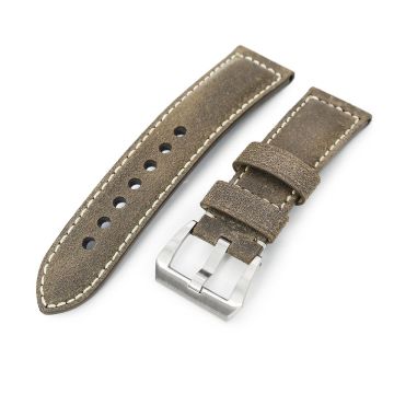 MiLTAT 24mm Genuine Olive Brown Distressed Leather Watch Strap Extra Soft, Beige Stitching - 9mm