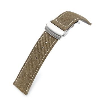or 22mm Khaki Canvas Watch Band Brushed Roller Deployant Buckle, Beige Stitching - 22mm