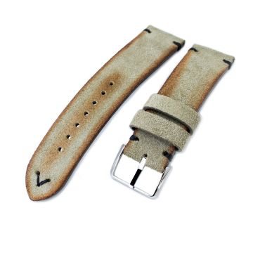 20mm, 21mm, 22mm MiLTAT Grey Green Genuine Nubuck Leather Watch Strap, Black Stitching, Polished Buckle - 21mm