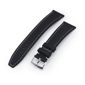 or 22mm Black Woven Texture Watch Strap, Beige Stitching, Polished - 20mm
