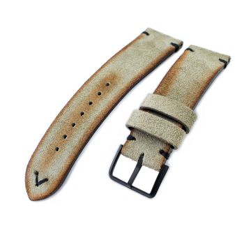 20mm, 21mm, 22mm MiLTAT Grey Green Genuine Nubuck Leather Watch Strap, Black Stitching, PVD Buckle - 21mm