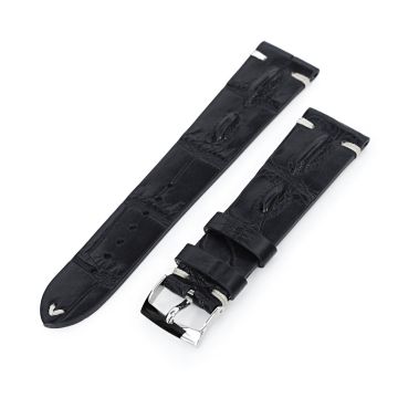 Black Italian Handmade Hornback Alligator Watch Band, Beige Stitching, P Buckle, 20mm or 22mm - 22mm