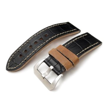 MiLTAT Antipode Watch Strap Matte Black CrocoCalf in Grey Hand Stitches - 26mm