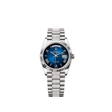 Rolex Day-Date 36 White Gold - Fluted / Blue Ombré - Roman / President - Diamond