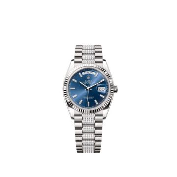 Rolex Day-Date 36 White Gold - Fluted / Bright Blue - Baguette / President - Diamond