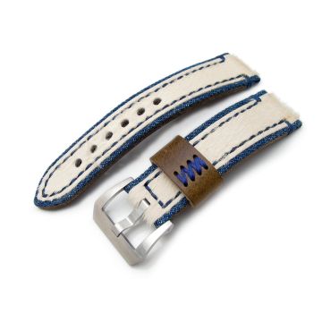 MiLTAT Zizz Collection Beige Fur & Denim Watch Strap Blue Wax Hand Stitching - 24mm