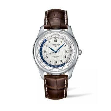 Longines Master Collection 42 World Time Stainless Steel / Silver-Arabic / Alligator