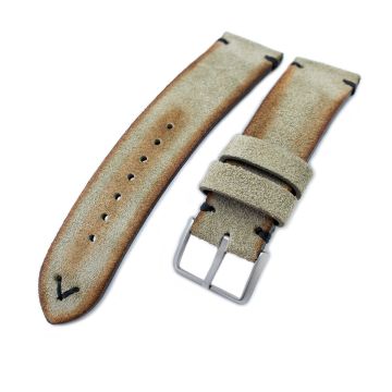 20mm, 21mm, 22mm MiLTAT Grey Green Genuine Nubuck Leather Watch Strap, Black Stitching, Sandblasted Buckle - 21mm