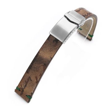 Q.R. 20mm Italian Handmade Vintage Brown Laser Engraved Leather Watch Band, One-piece V-clasp, Green St. - 8mm