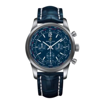 Breitling Transocean Chronograph Unitime Pilot Stainless Steel / Blue / Croco