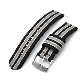 2-pcs Seatbelt Nylon Watch Band, Black, Grey and Khaki Stripes, Brushed Buckle - 6mm