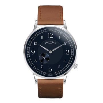 Gustave & Cie 12H Hector Argent & Bleu Cuir Marron Havane Surpiqué 40mm