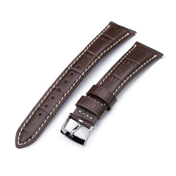 Q.R. 19mm or 21mm Dark Brown CrocoCalf (Croco Grain) Semi-Curved Watch Band, Beige Stitch. - 21mm
