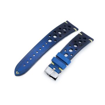 or 22mm MiLTAT Italian Handmade Racer Vintage Jeans Blue Watch Strap, Yellow Stitching - 22mm