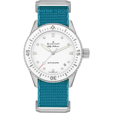 Blancpain Fifty Fathoms Bathyscaphe Stainless Steel / White / Baby Blue Nato