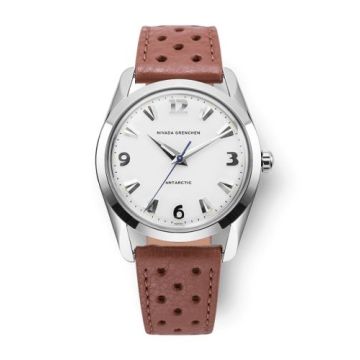 Nivada Grenchen Antarctic 35 White - White Luminova / Stainless Steel / Brown Racing