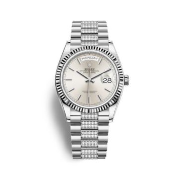 Rolex Day-Date 36 White Gold / Fluted / Silver / President-Diamond
