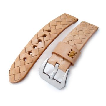 MiLTAT Zizz Collection 22mm Braided Calf Leather Watch Strap, LV Beige, Tan Stitches - 30mm
