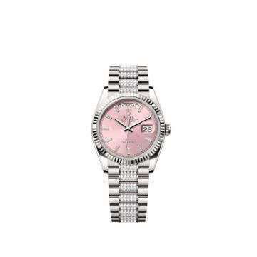 Rolex Day-Date 36 White Gold - Fluted / Pink - Baguette / President - Diamond