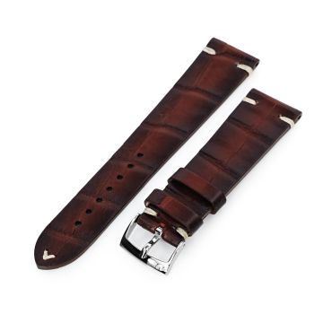 Dark Brown Italian Handmade Alligator Vintage Watch Band, Beige Stitching, P Buckle - 10mm