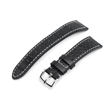 MiLTAT Rally Racing Genuine Alligator Black Watch Strap, Beige Stitching - 7mm