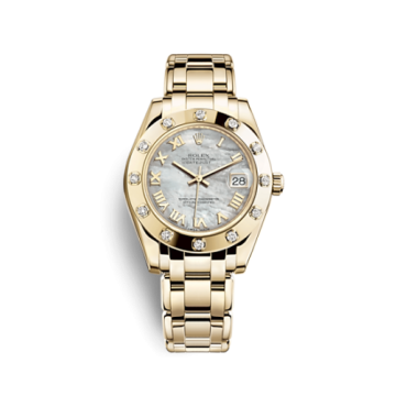 Rolex Datejust Pearlmaster 34 Yellow Gold 12 Diamond Mother of Pearl Roman