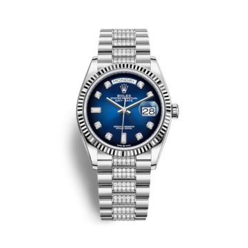 Rolex Day-Date 36 White Gold / Fluted / Blue Ombré-Diamond / President-Diamond