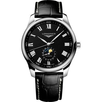 Longines Master Collection 42 Moonphase Stainless Steel / Black-Roman / Alligator
