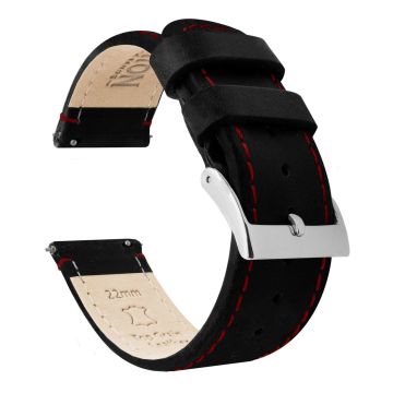 Black Leather Crimson Red Stitching Watch Band - 23mm