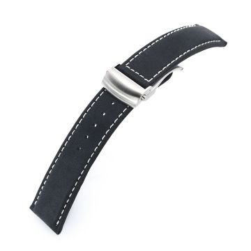 MiLTAT 20mm or 22mm Matte Black Nubuck Leather Deployment Watch Strap, Beige Stitching - 22mm