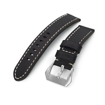 Black Straight Leather Watch Band, Brushed Buckle - 6mm