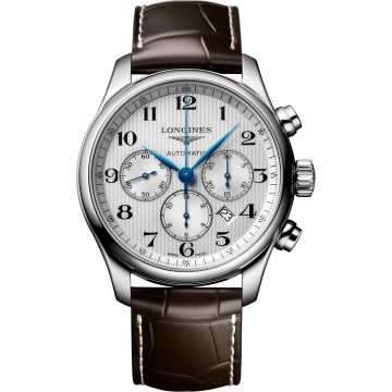 Longines Master Collection 44 Chronograph Stainless Steel / Silver-Arabic / Alligator