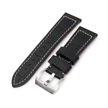 Pam Collection, Black Croco Grain Italian Leather Watch Strap for Panerai, Beige Stitching - 26mm