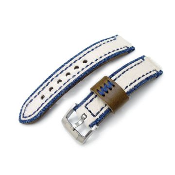 MiLTAT Zizz Collection Beige Fur & Denim Watch Strap Blue Wax Hand Stitching - 25mm