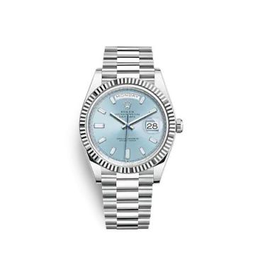 Rolex Day-Date 40 Platinum - Fluted / Ice Blue - Baguette