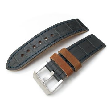 MiLTAT Antipode Watch Strap Dark Grey CrocoCalf in Lake Blue Hand Stitches - 15mm