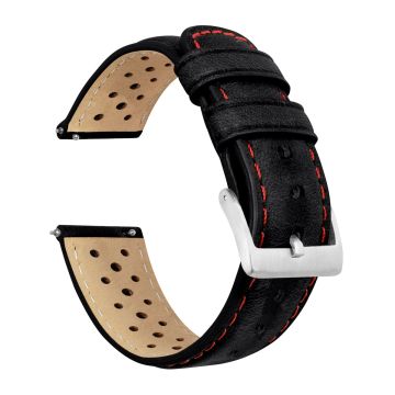 Racing Horween Leather Black Red Stitch Watch Band - 22mm